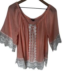 Unique Spectrum Peach Lace drop‎ shoulder country loose shirt women's 2X